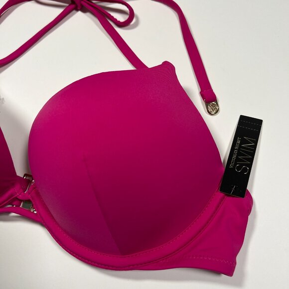 Victoria Secret 32B Bombshell Push Up Bikini Top Halter Add 2 Cups Berry Blush - Picture 3 of 8